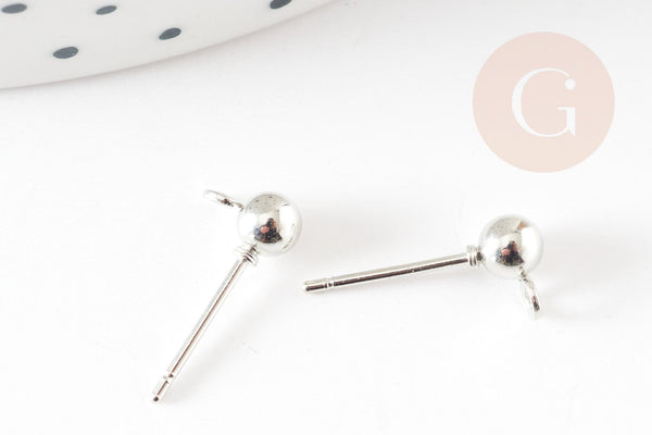Clous-puces oreille boule acier 304 platine et anneau 5mm, x10 (G9269)