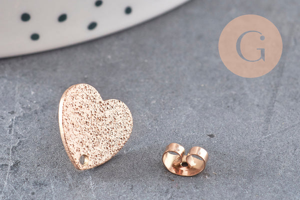 Clous-puces oreille coeur acier 304 inoxydable or rose IP sablé 1 trou 13mm, la paire (G10953)