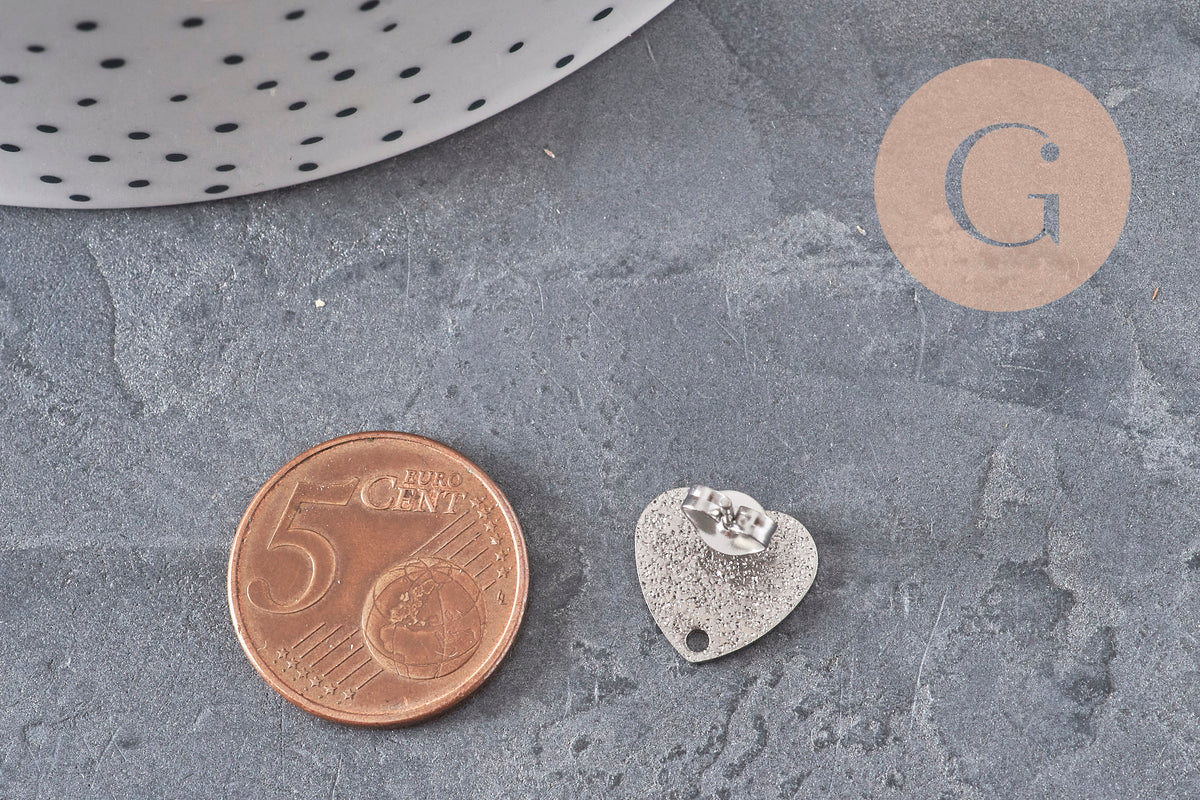 Heart stud earrings, 304 stainless steel, platinum, sanded, 1 hole, 13mm, pair VALID