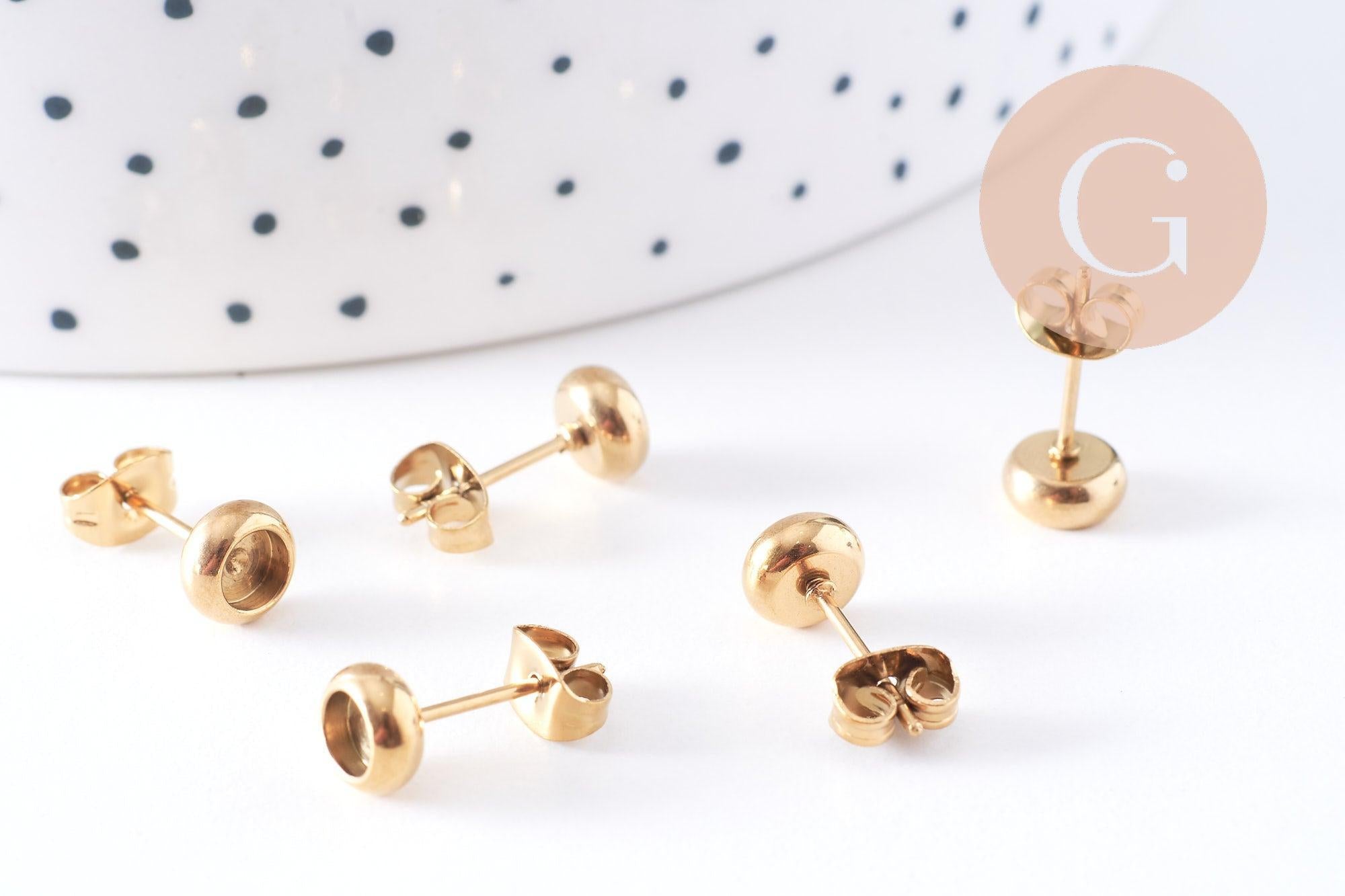 Clous-puces oreille support cabochon 4mm acier 304 inoxydable dore IP, x10 (G10607)