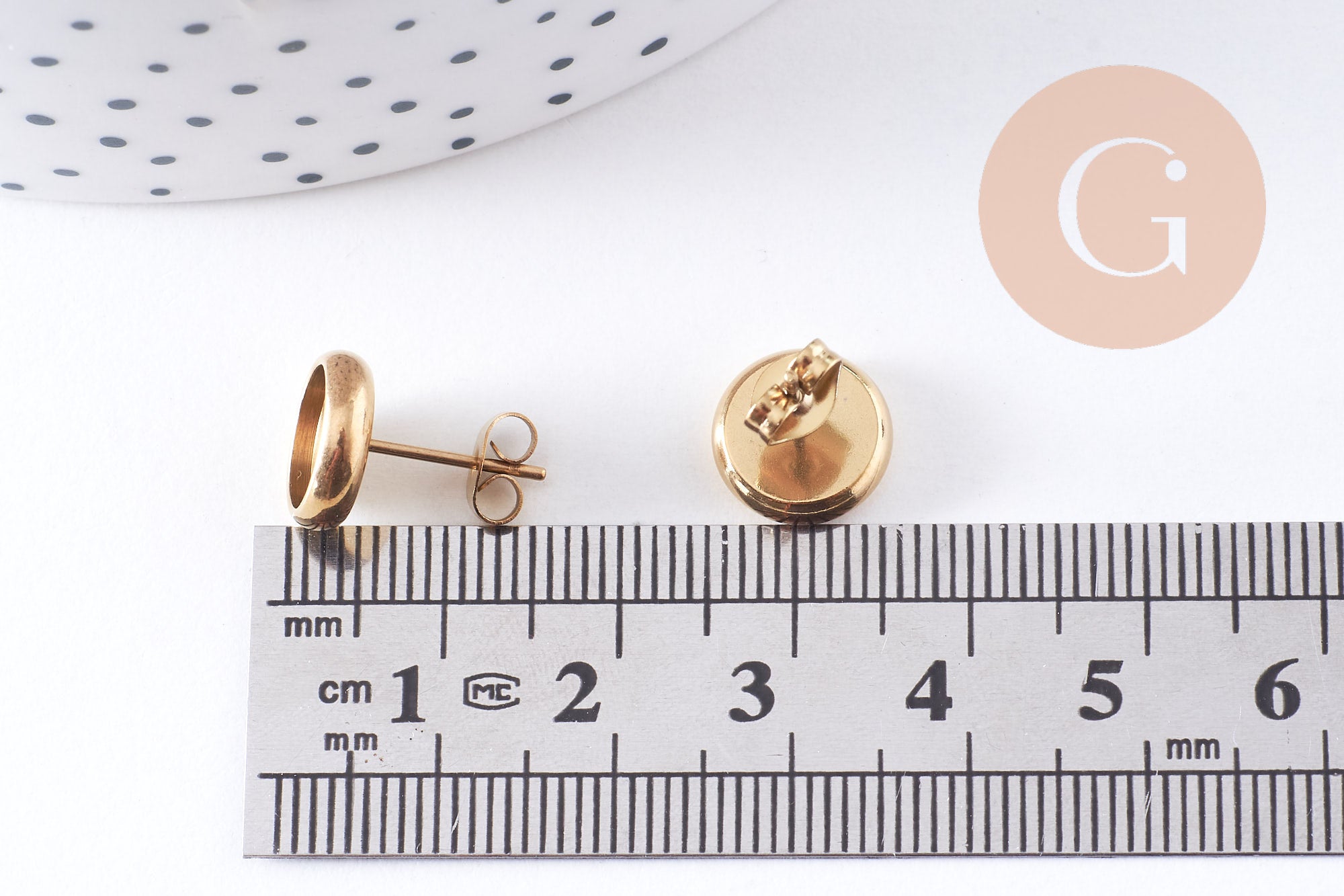Clous-puces oreille support cabochon 8mm acier 304 inoxydable dore IP, x10 (G10608)