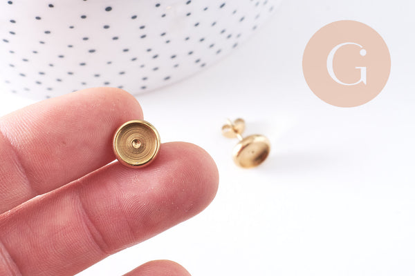 Clous-puces oreille support cabochon 8mm acier 304 inoxydable dore IP, x10 (G10608)