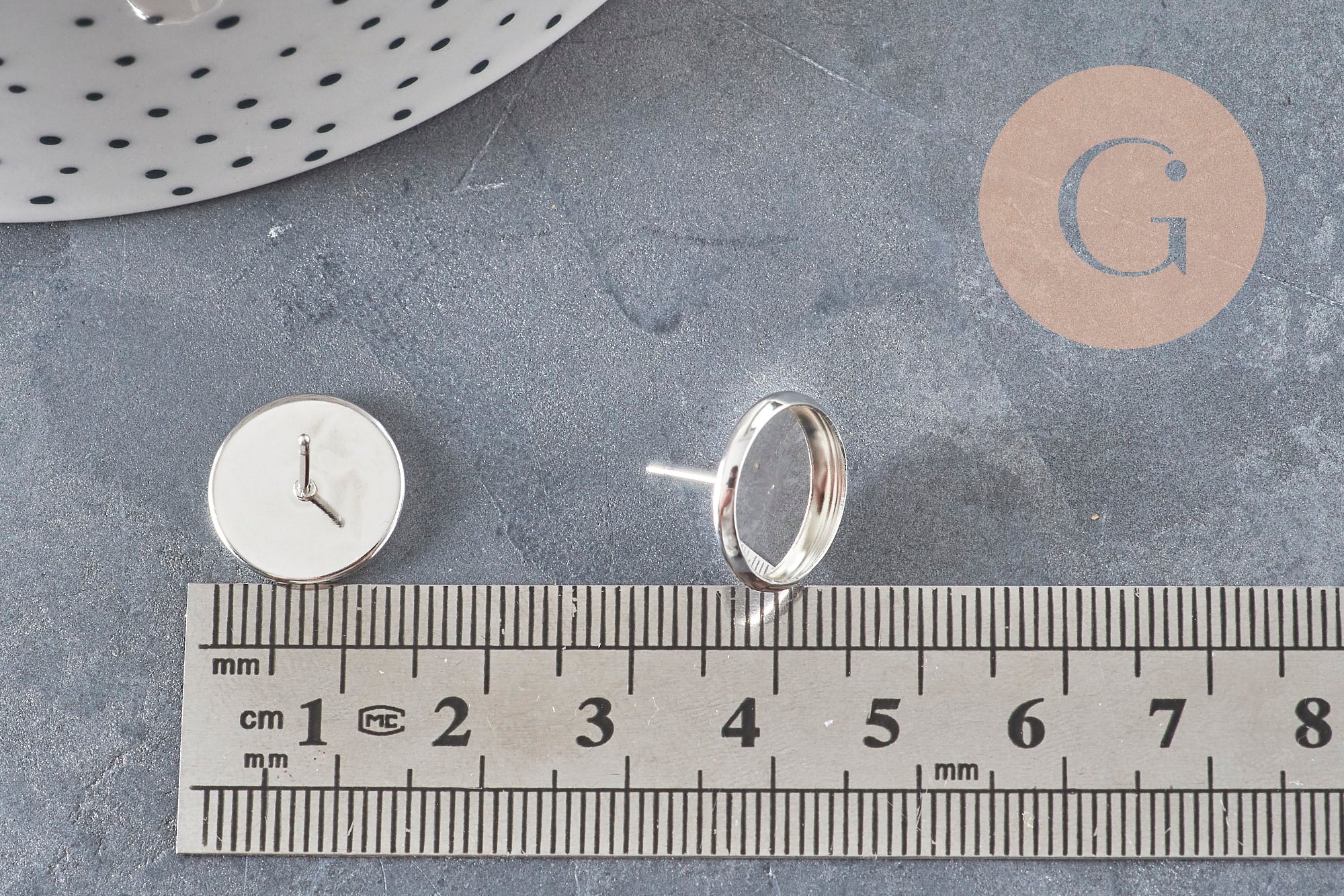 Earring studs, round cabochon setting, 12mm, 304 stainless steel, silver-plated, x10 (G11214)