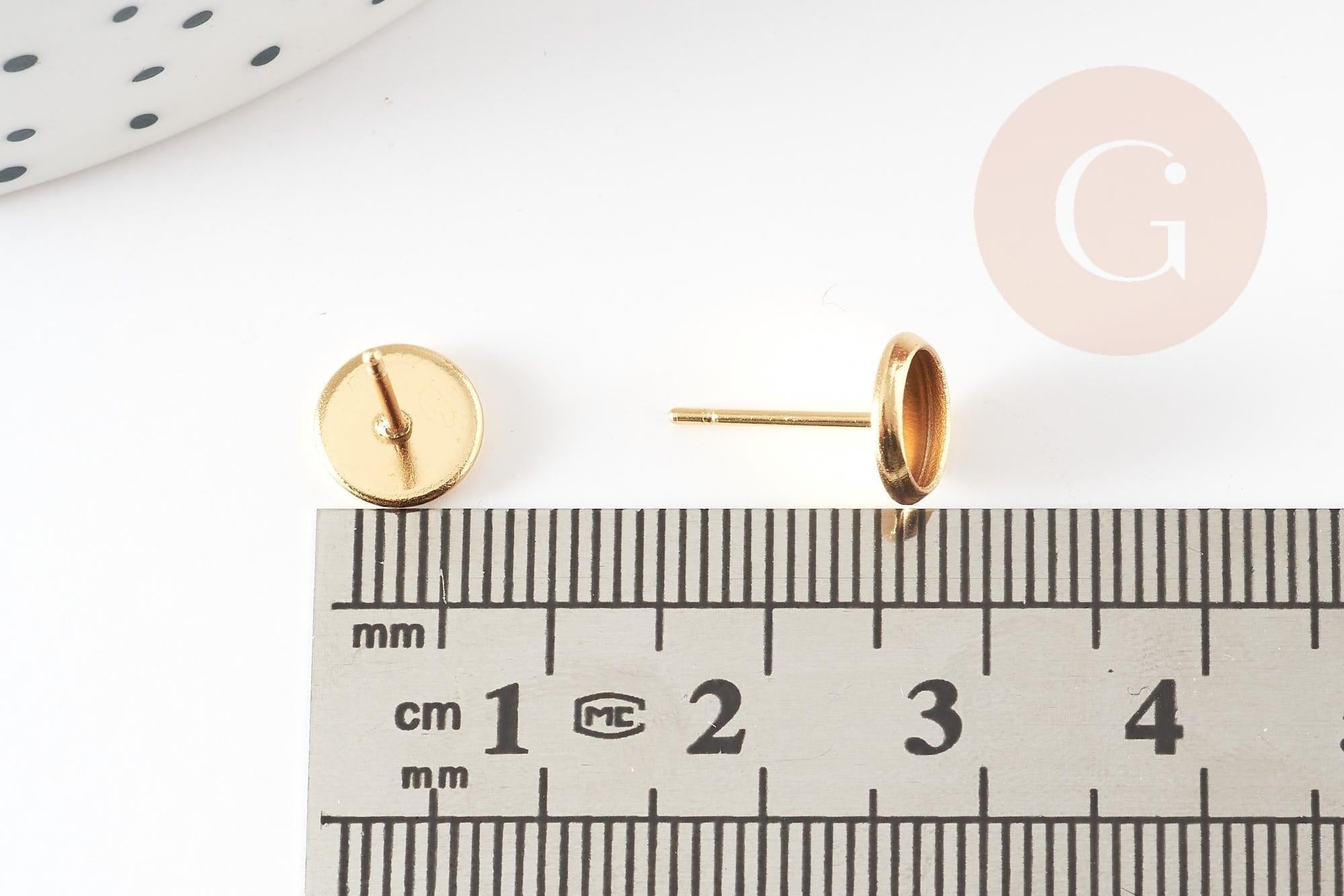 Clous-puces oreille support cabochon rond acier 304 inoxydable dore 18K, x10 (G9224)