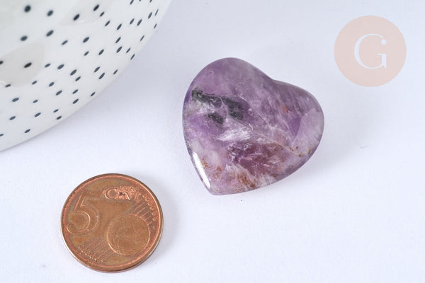 Coeur décoratif améthyste/ quartz rose naturelle lithothérapie pierre 29mm, séance lithothérapie, x1 (G7174)