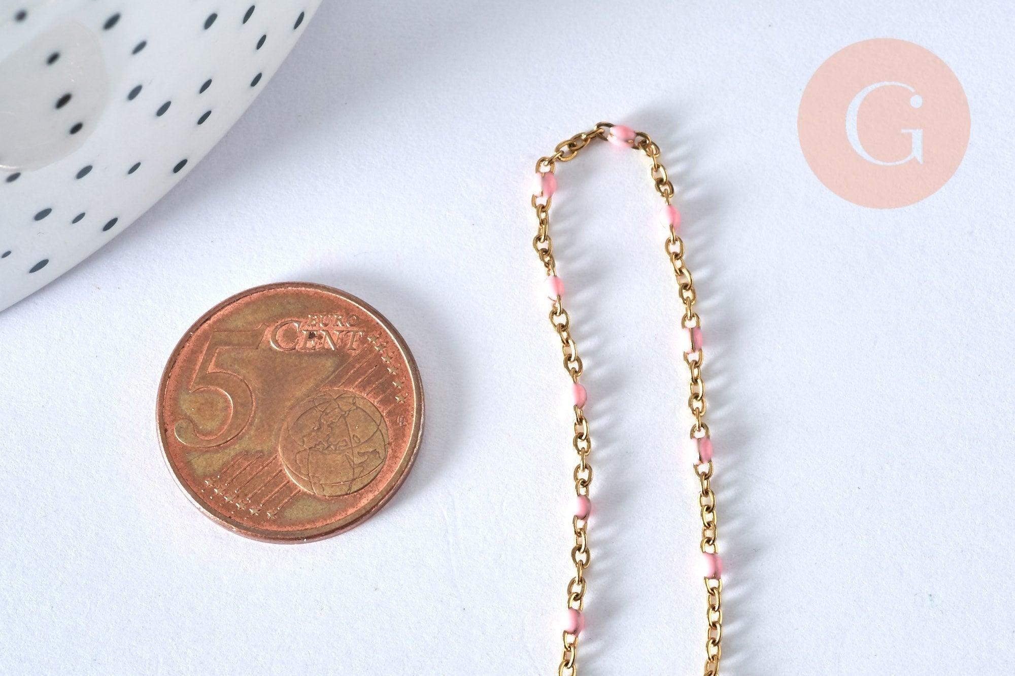 Collier Chaine acier 304 inoxydable doré 14k fantaisie résine rose 2mm-45cm, x1 (G1810)