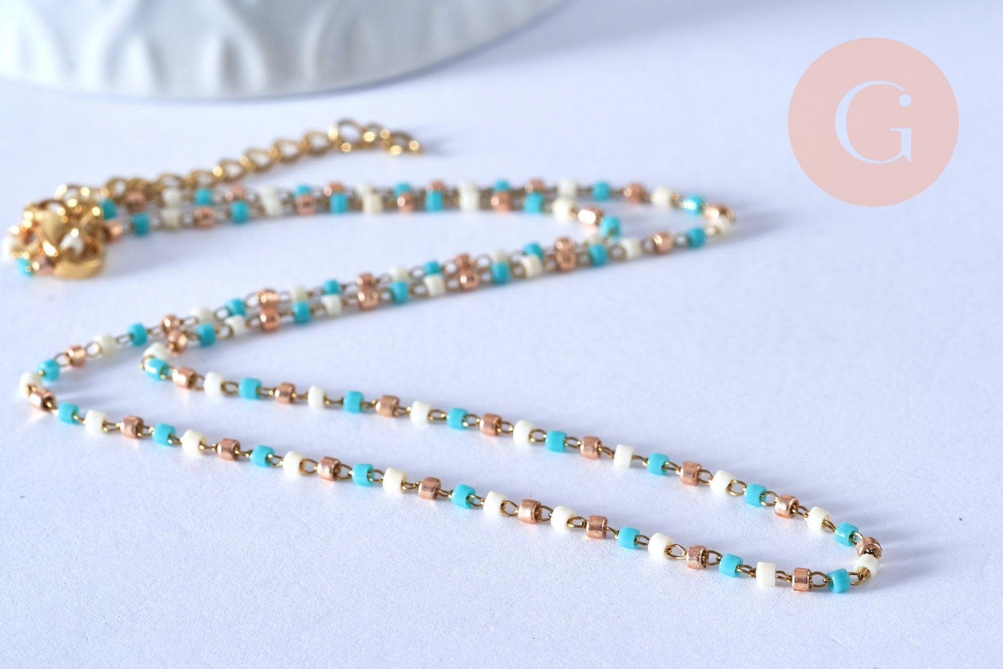 Collier Chaine avec fermoir acier inoxydable doré perles rocaille turquoise artisanale 40.7cm, x1 (G4010)