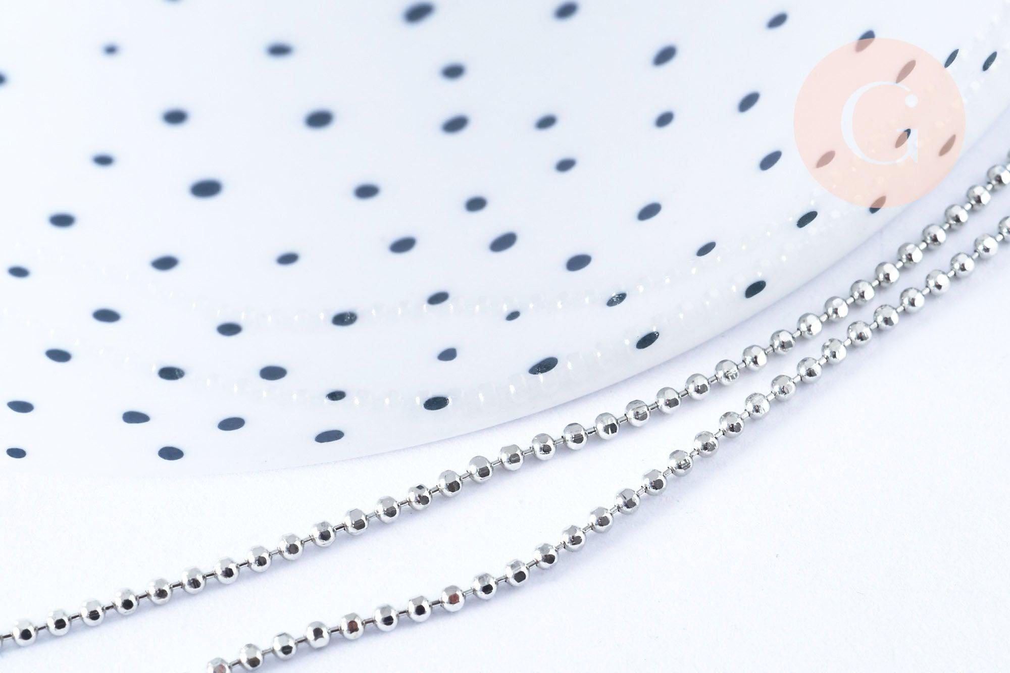 Collier Chaine boule fine laiton platine boule facettes 1.5mm/45cm,chaine collier laiton argenté chaine complète avec fermoir x1 G6202