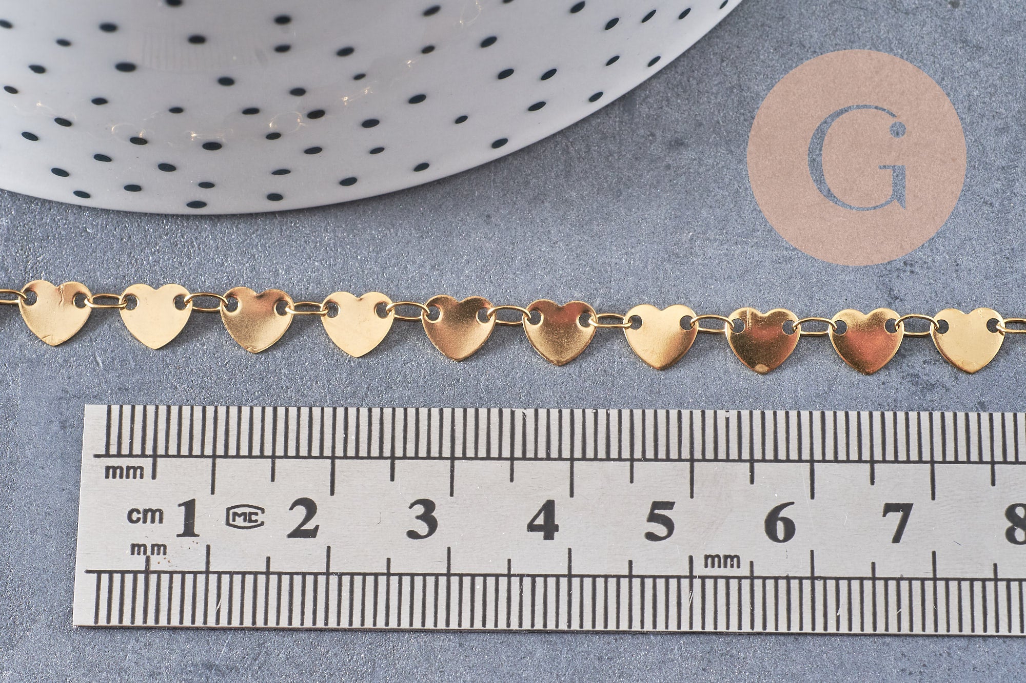 Collier Chaine coeur acier inoxydable doré 14k cœur 6.5mm, x1 mètre (G6804)