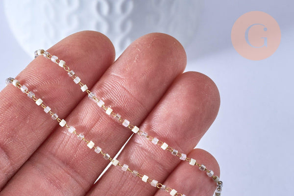 Collier Chaine complète acier doré perles rocaille blanches artisanales, acier inoxydable doré,40.7cm, x1 G3778