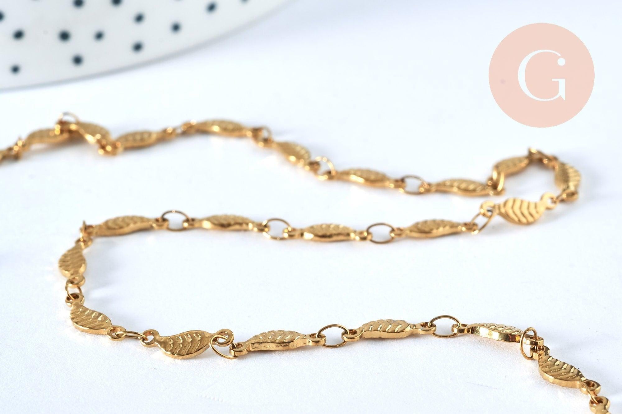 Collier Chaine complète acier dorée 14k feuille,chaine collier,sans nickel,acier doré, chaine complète,44.5m, x1 G0631