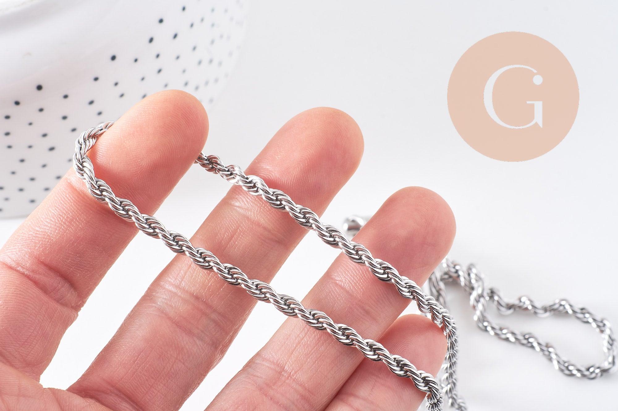 Collier Chaine complète torsadée acier 304 inoxydable platine 3.8mm/60cm, x1 (G1113)