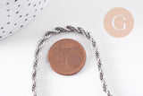 Collier Chaine complète torsadée acier 304 inoxydable platine 3.8mm/60cm, x1 (G1113)