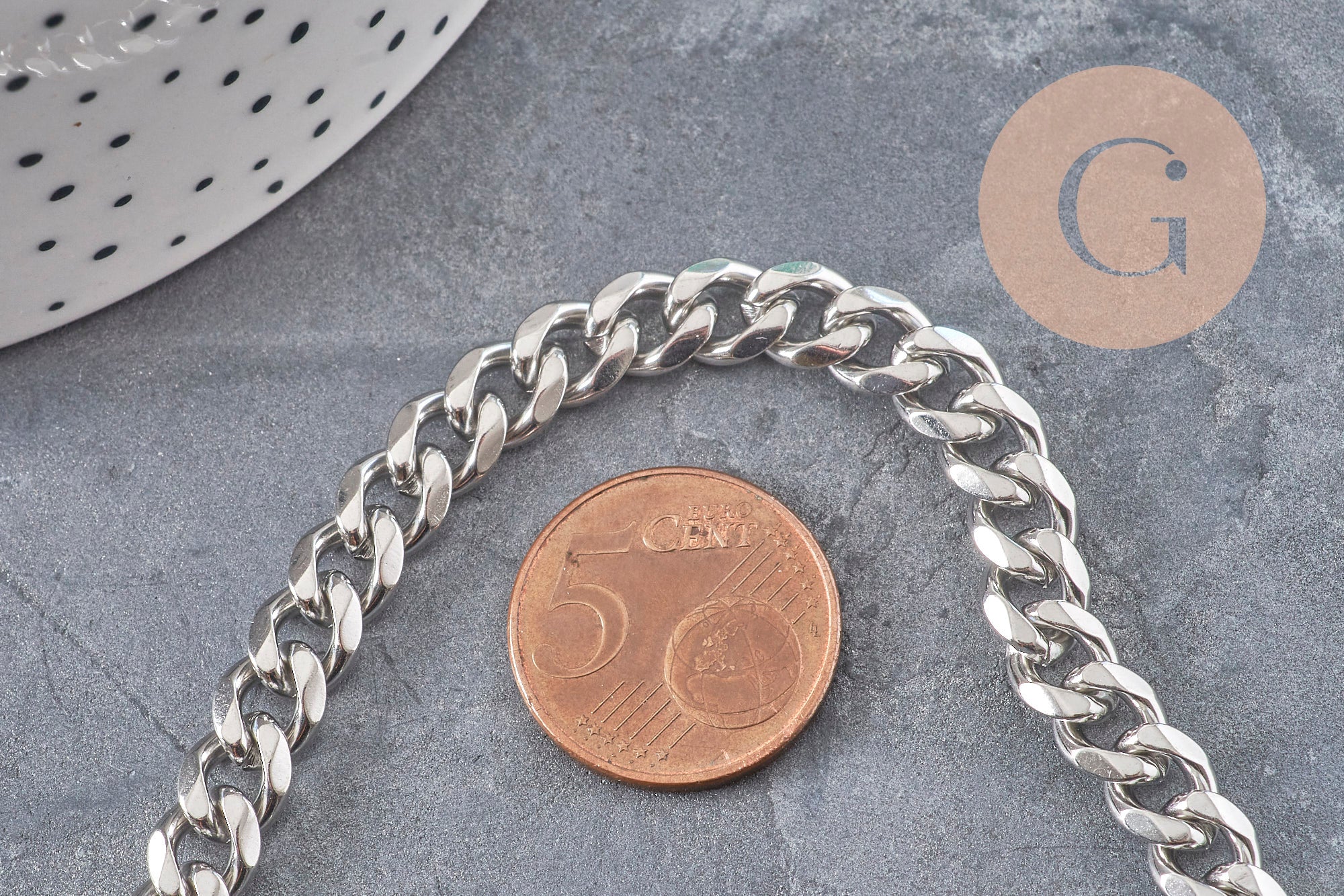 Collier Chaine maille cubaine diamantée acier inoxydable platine 9mm/41cm, x1 (G11055)