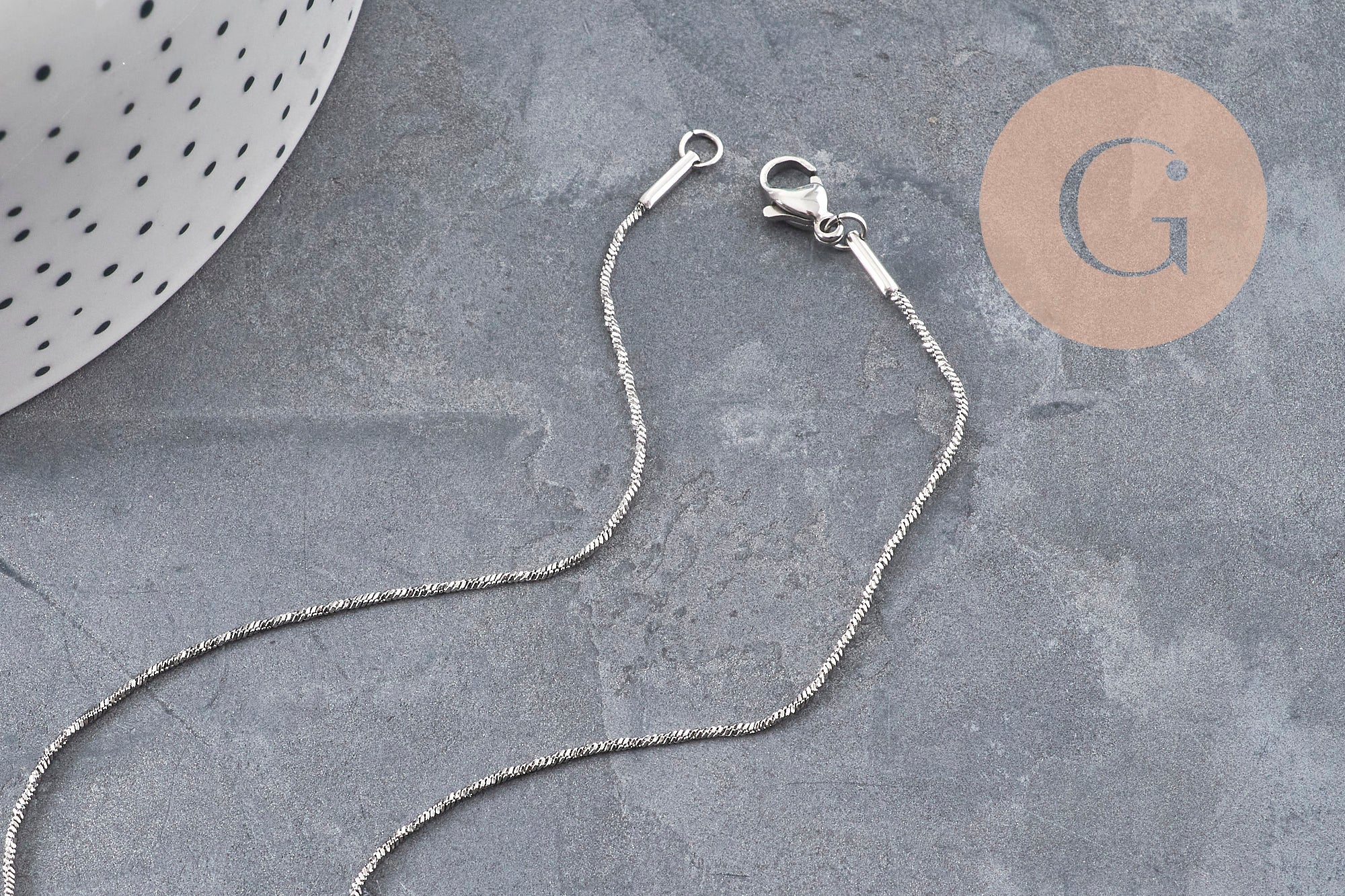 Collier Chaine serpent acier inoxydable platine 1mm/42.5cm, x1 (G11057)