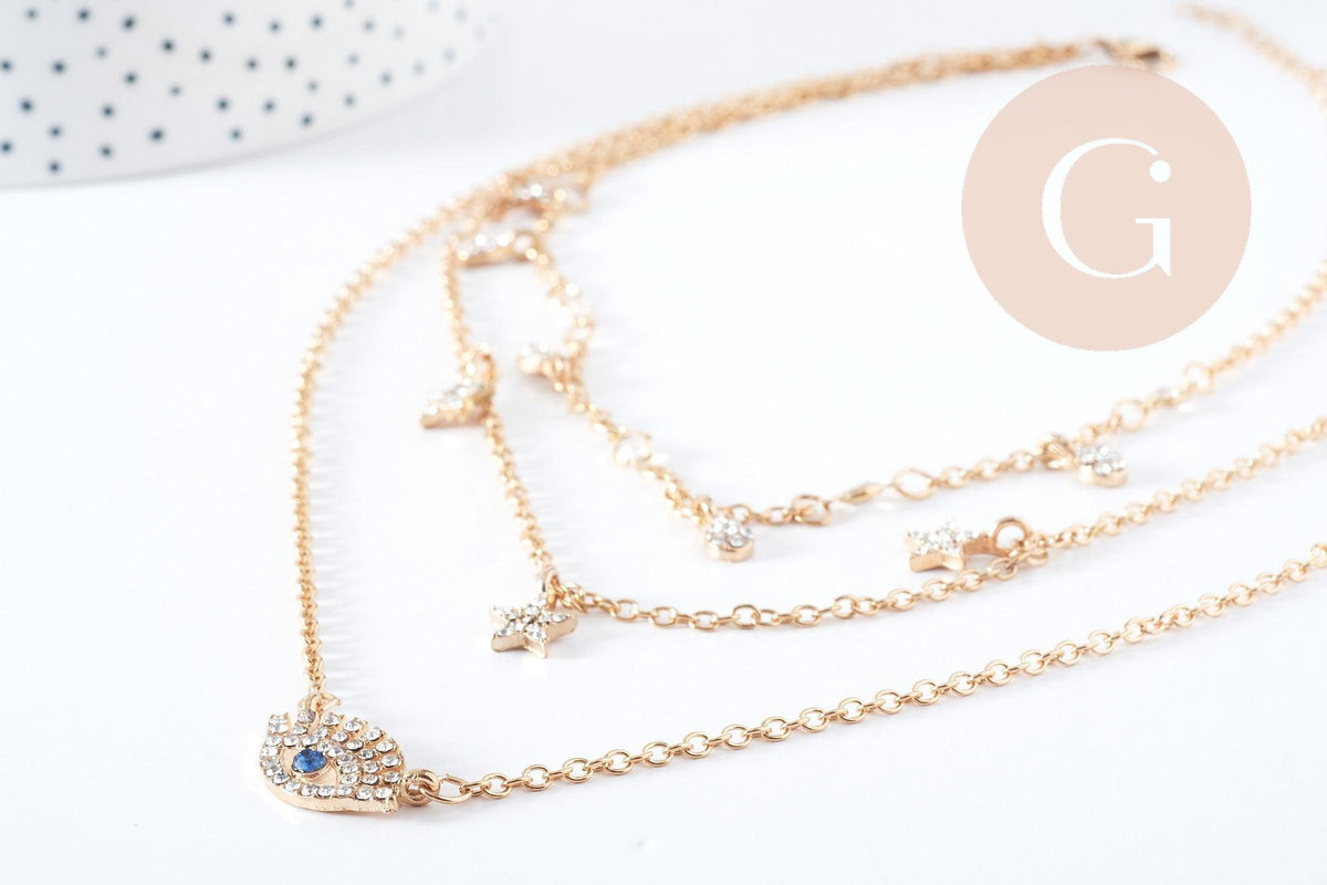 Collier Triple rangs breloques chance zamac doré, X1 (G8808)