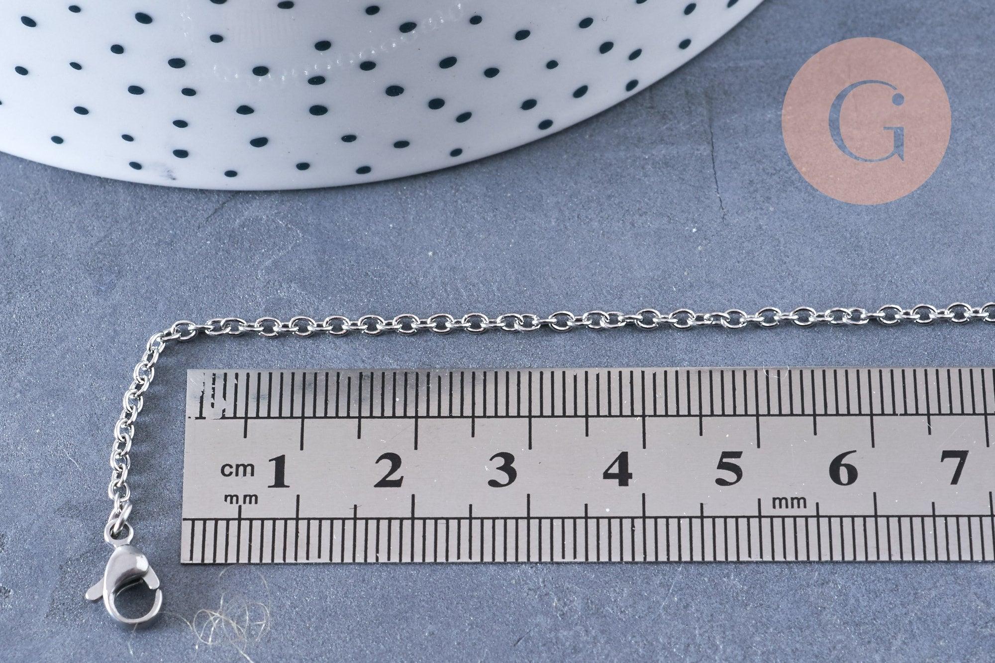 Collier chaine complète avec fermoir forçat acier 304 inoxydable platine 45cm, x1 (G1864)