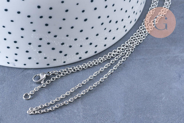 Collier chaine complète avec fermoir forçat acier 304 inoxydable platine 45cm, x1 (G1864)