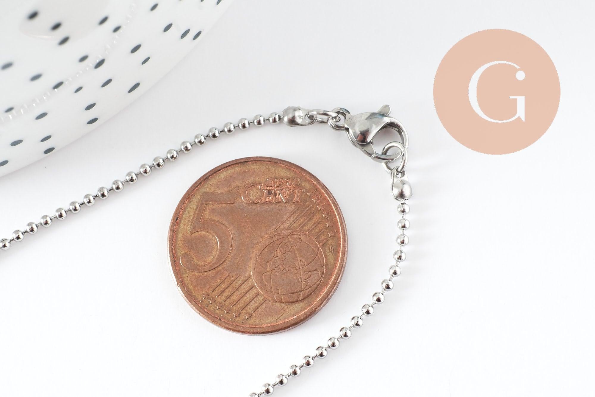 Collier chaine complète boule acier 304 inoxydable platine 1.5mm/46.5cm, x1 (G9591)