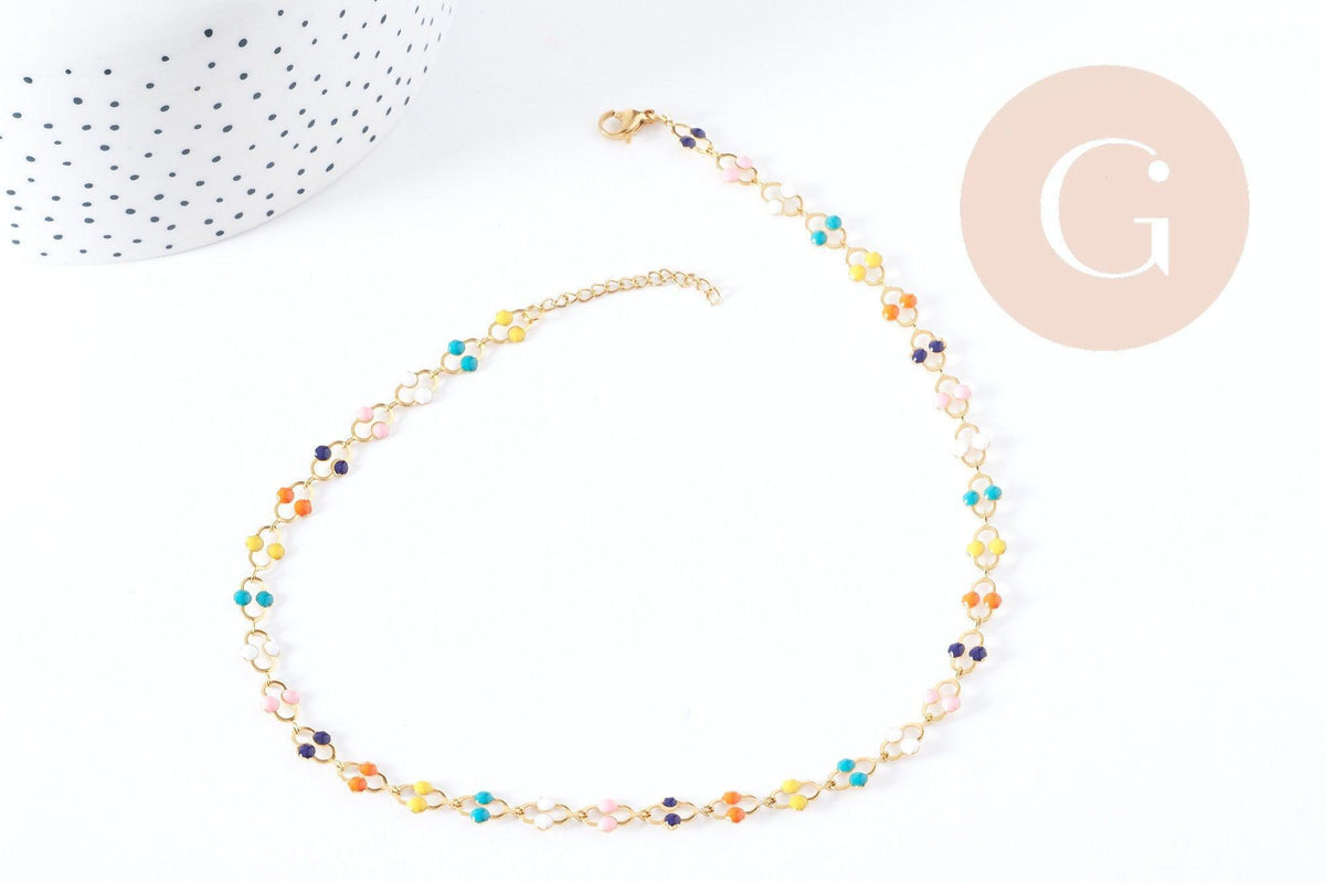 Collier fantaisie émail multicolore acier 304 inoxydable doré 45cm, idée cadeau femme x1 G8807