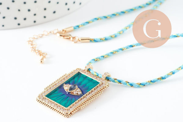 Collier médaille Oeil bleu zircon zamac doré 45cm x1 (G9570)