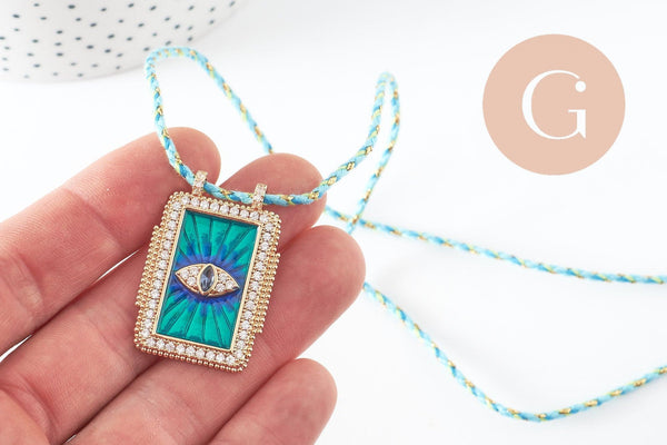 Collier médaille Oeil bleu zircon zamac doré 45cm x1 (G9570)
