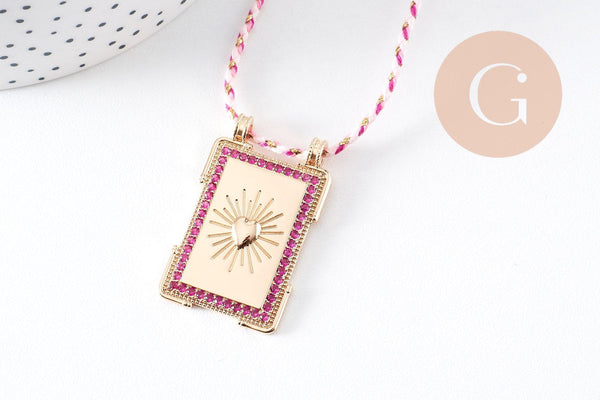 Collier médaille coeurs zircons fuchsia cordon tressé zamac doré 45cm x1 (G10364-8)