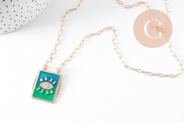 Collier médaille émaillée Oeil bleu-vert zircons chaine zamac doré 45cm x1 (G10364-3)