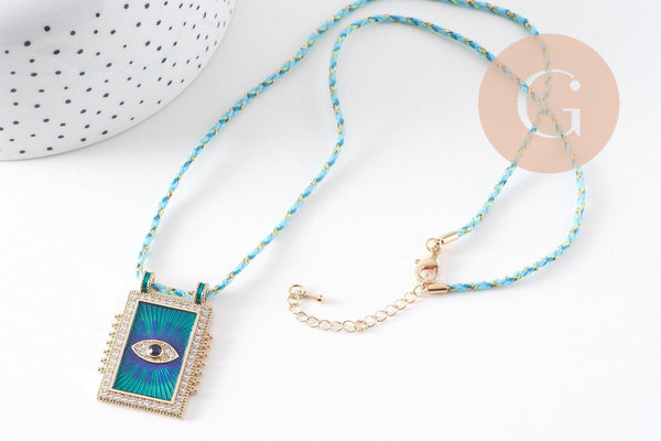 Collier médaille émaillée Oeil bleu zircon zamac doré, collier cordon tressé 45cm x1 (G10364-2)