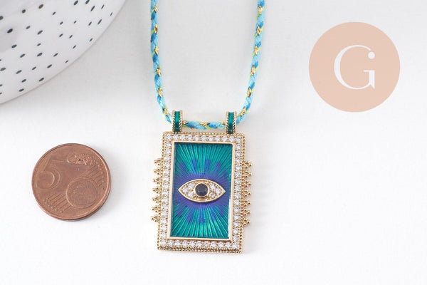 Collier médaille émaillée Oeil bleu zircon zamac doré, collier cordon tressé 45cm x1 (G10364-2)