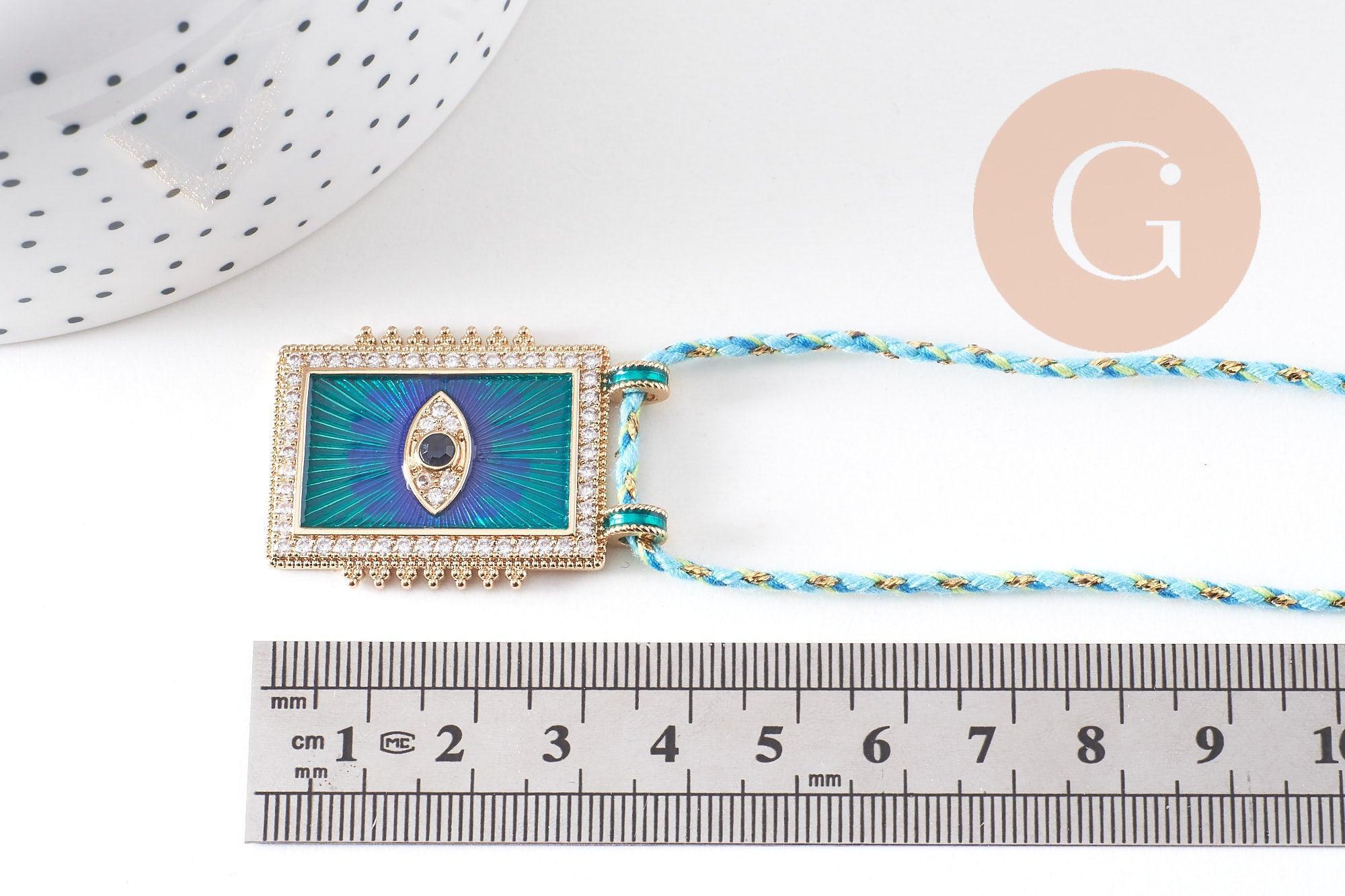 Collier médaille émaillée Oeil bleu zircon zamac doré, collier cordon tressé 45cm x1 (G10364-2)