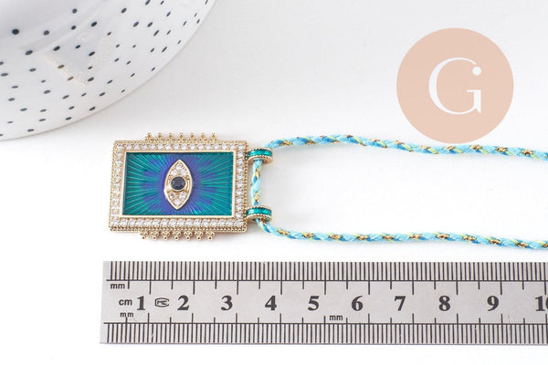Collier médaille émaillée Oeil bleu zircon zamac doré, collier cordon tressé 45cm x1 (G10364-2)