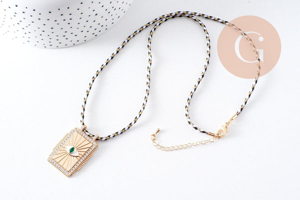 Collier médaille émaillée Oeil zamac doré, collier cordon tressé 45cm x1 (G10364-1)