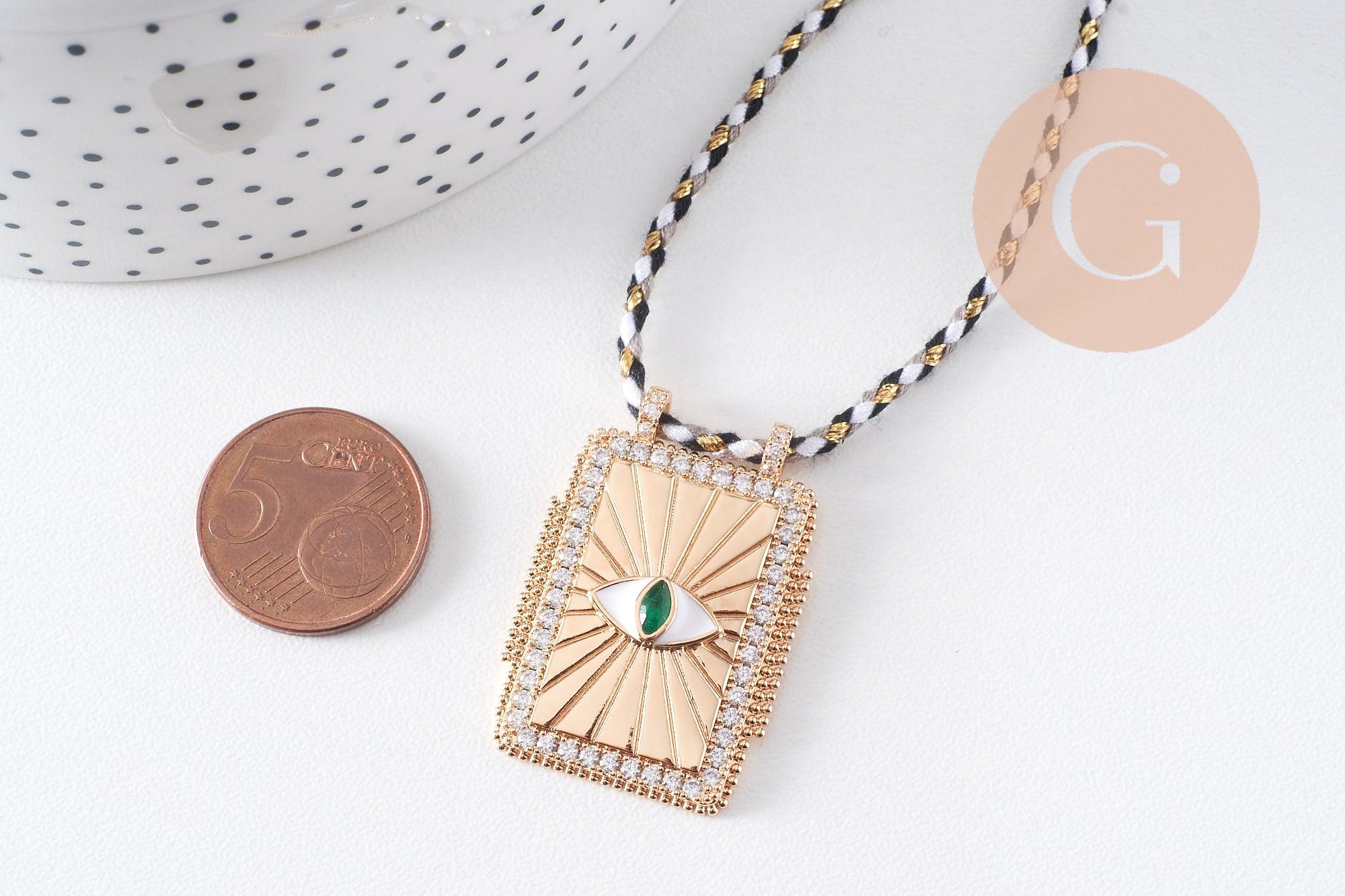 Collier médaille émaillée Oeil zamac doré, collier cordon tressé 45cm x1 (G10364-1)