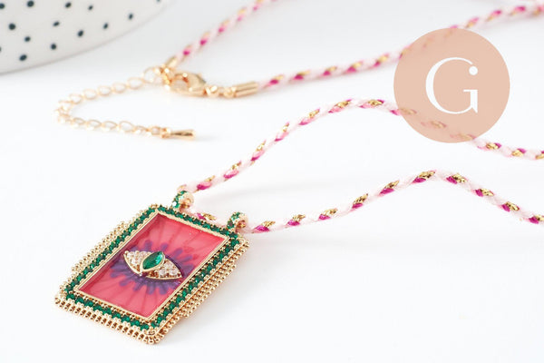 Collier médaille émaillée Oeil zircon rose vert zamac doré, collier cordon tressé 45cm x1 (G9569)