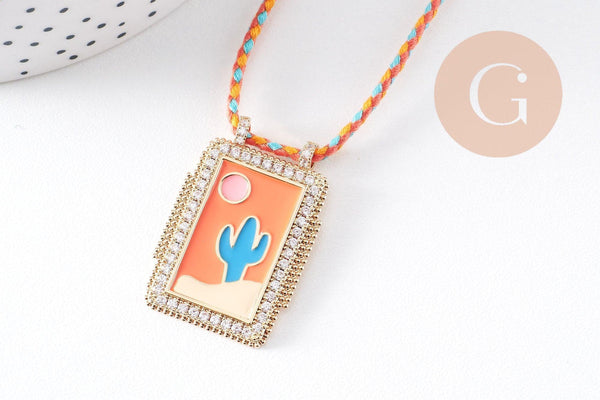 Collier médaille émaillée cactus orange turquoise zircons cordon tressé zamac doré 45cm x1 (G10364-4)