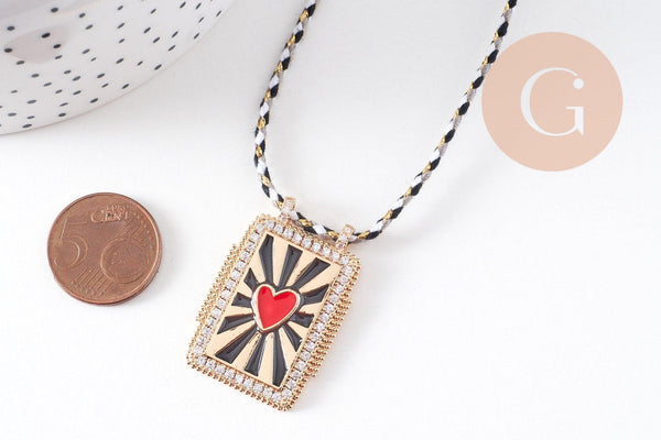 Collier médaille émaillée coeur rouge psychédélique cordon tressé zamac doré 45cm x1 (G10364-10)