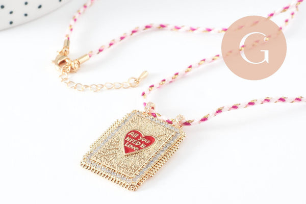 Collier médaille émaillée coeur rouge zamac doré, collier cordon tressé 45cm x1 (G9568)