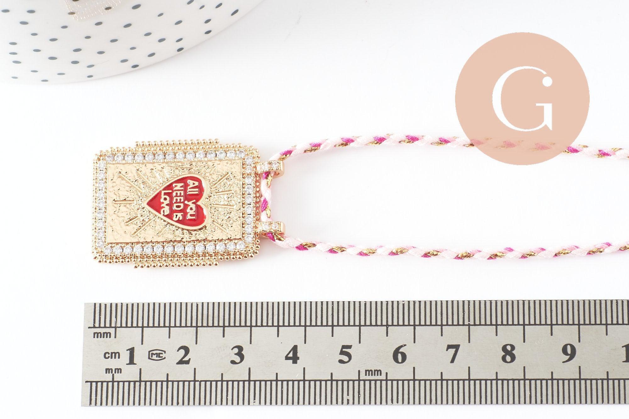 Collier médaille émaillée coeur rouge zamac doré, collier cordon tressé 45cm x1 (G9568)