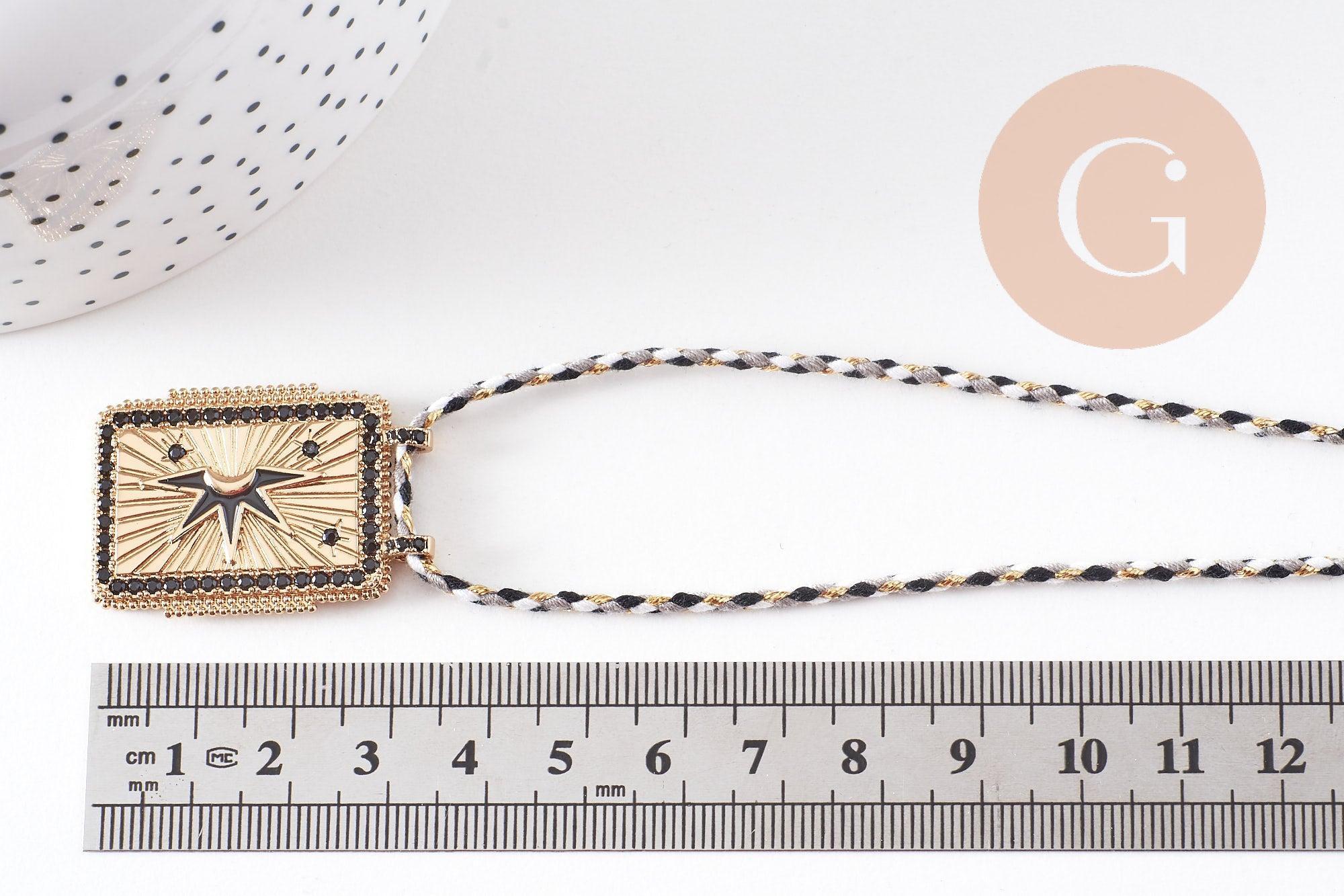 Collier médaille émaillée étoile noire zircons noir cordon tressé zamac doré 45cm x1 (G10364-11)