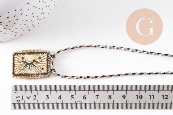 Collier médaille émaillée étoile noire zircons noir cordon tressé zamac doré 45cm x1 (G10364-11)