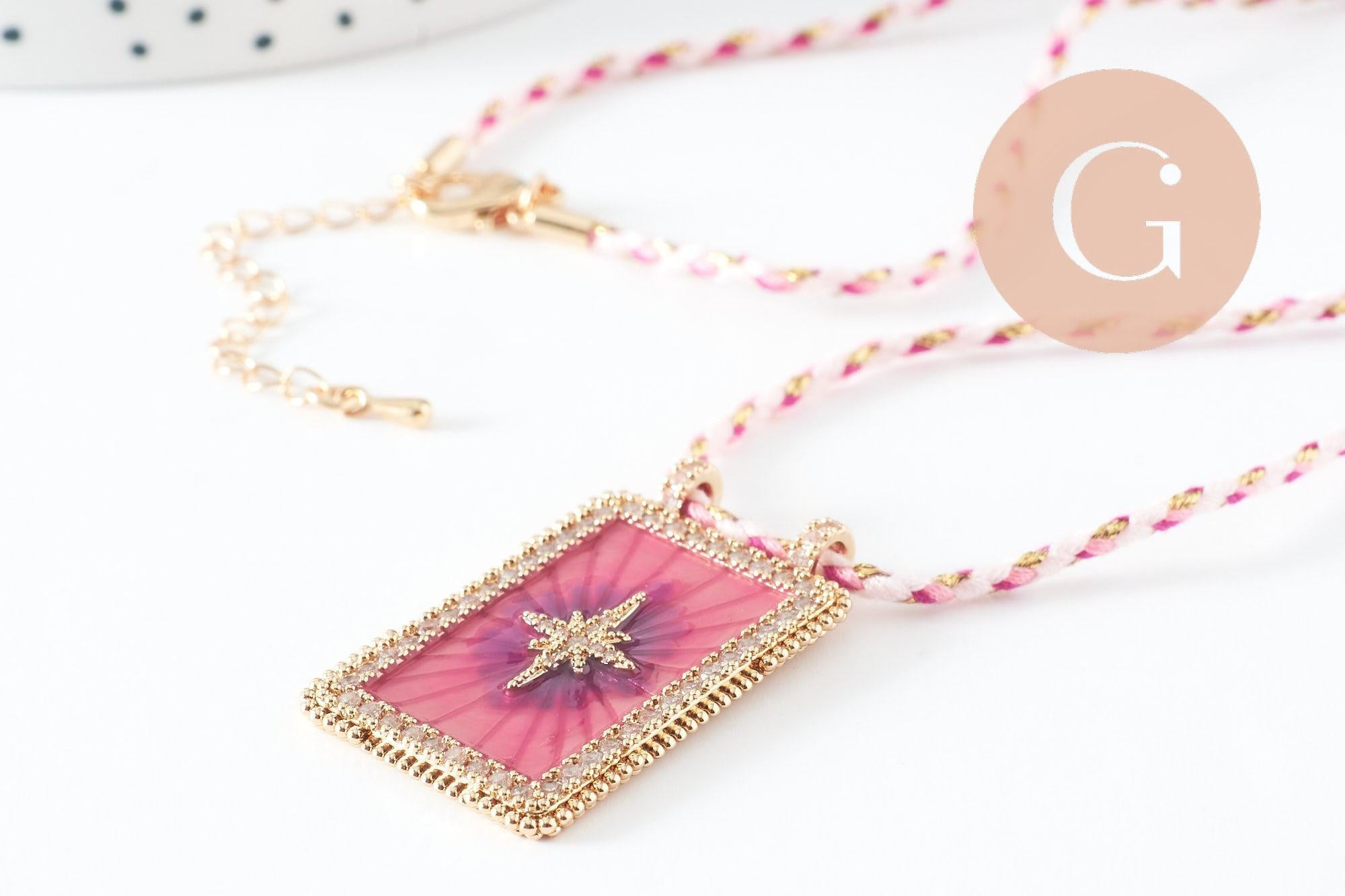 Collier médaille émaillée étoile rose violet zircon zamac doré, collier cordon tressé 45cm x1 (G9567)
