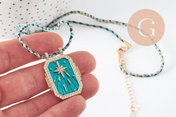 Collier médaille émaillée étoile turquoise zircon zamac doré, collier cordon tressé 45cm x1 (G9571)