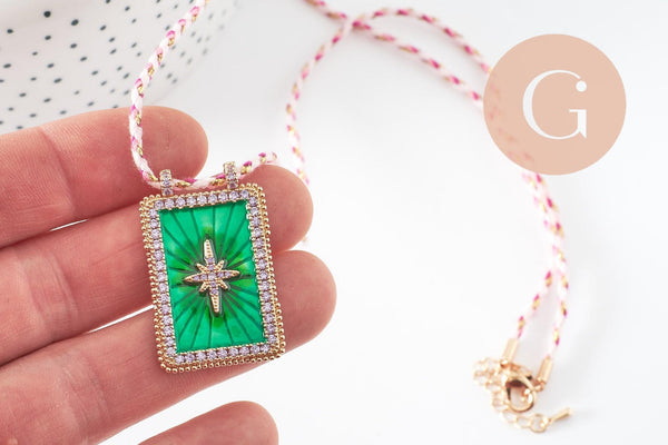 Collier médaille émaillée étoile vert zircon zamac doré, collier cordon tressé 45cm x1 (G9564)