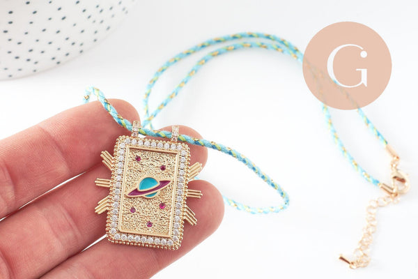 Collier médaille émaillée planète zircon zamac doré, collier cordon tressé 45cm x1 (G9566)