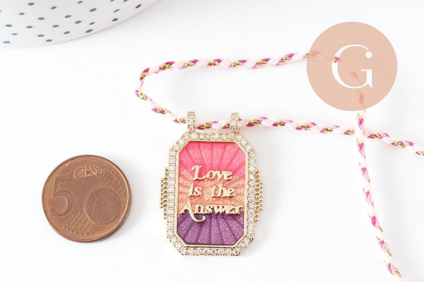 Collier médaille émaillée rose violet LOVE IS THE ANSWER zamac doré, collier cordon tressé 45cm x1 (G9565)