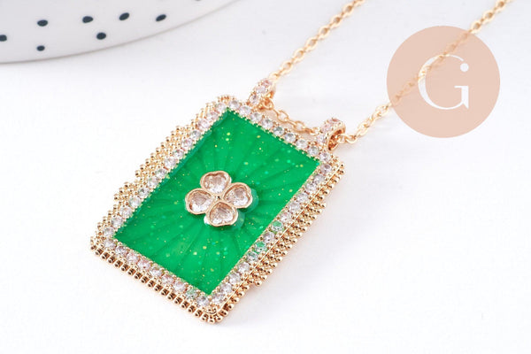 Collier médaille émaillée trèfle 4 feuilles zircons vert cordon tressé zamac doré 45cm x1 (G10364-12)