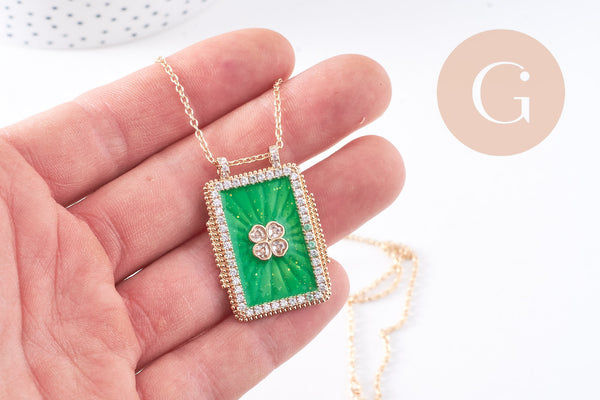 Collier médaille émaillée trèfle 4 feuilles zircons vert cordon tressé zamac doré 45cm x1 (G10364-12)