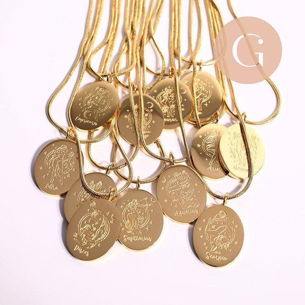 Collier médaille gravée ovale signe astrologique acier 304 inoxydable doré 30x20mm, x1 (G7648)