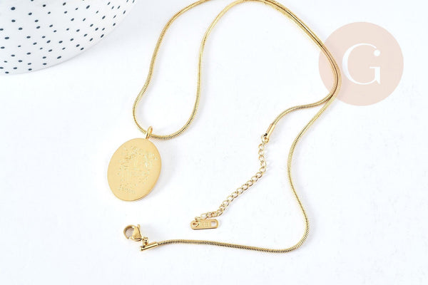 Collier médaille gravée ovale signe astrologique acier 304 inoxydable doré 30x20mm, x1 (G7648)